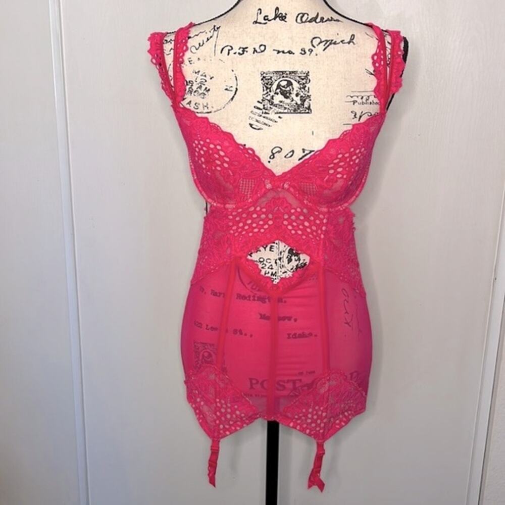 Victoria's Secret Hot Pink Long Line Sheer Corset Lingerie size 36C